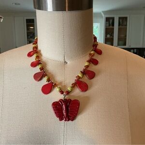 Vintage Red Butterfly Pendant Fetish Necklace Silver 925